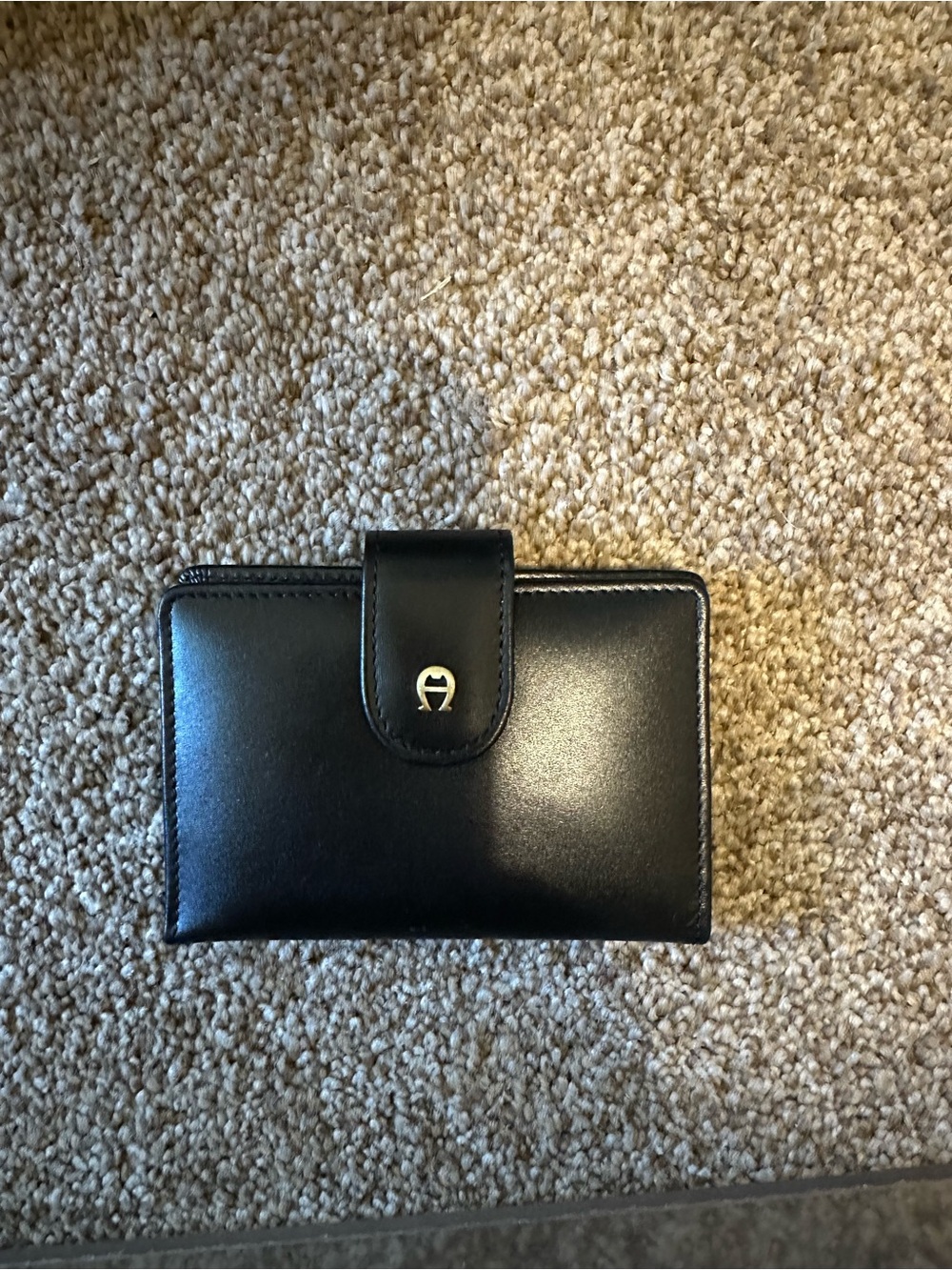 Etienne Aigner Black Leather Card Holder with Gold Logo Snap